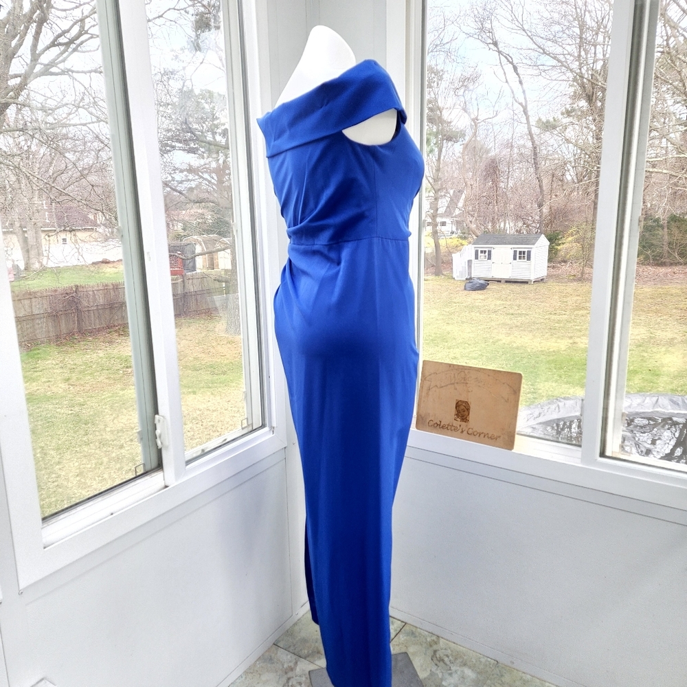 24 Hour Sale ⏰ Vince Camuto Off The Shoulder Royal Blue Crepe Column Ruched Gown - Picture 4 of 16